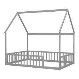 Full Size House Floor Bed With Roof Frame and Safety Guardrails