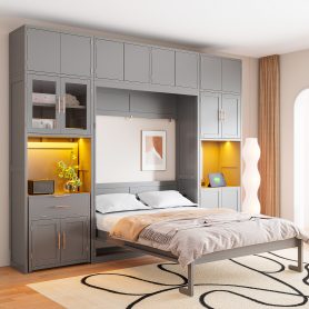 Full Size Murphy Bed With Storage Cabinets, Desk And Glass-door Hutch, USB & Power Outlet, LED Lighted Shelves