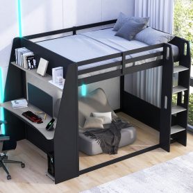 Full Size Wooden Gaming Bunk Bed with Desk,Two Storage Shelves,USB and LED Light