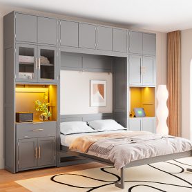 Full Size Murphy Bed With Storage Cabinets, Desk And Glass-door Hutch, USB & Power Outlet, LED Lighted Shelves