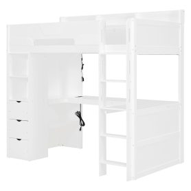 Twin Size Wooden Gaming Loft Bed with U-Shaped Desk, Smart RGB LED Lights and USB Ports
