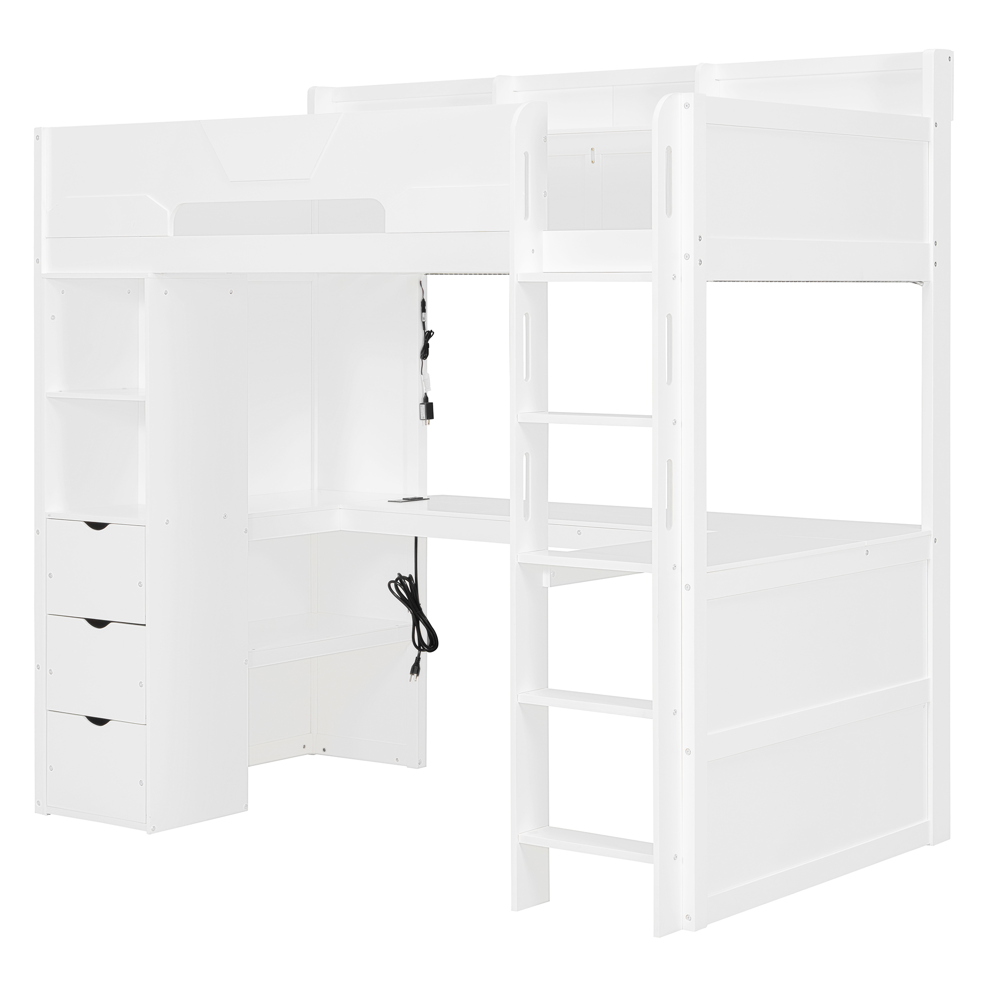 Twin Size Wooden Gaming Loft Bed with U-Shaped Desk, Smart RGB LED Lights and USB Ports