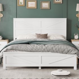 Farmhouse Style Queen Size Bed with Barn Door Designed Headboard and Footboard