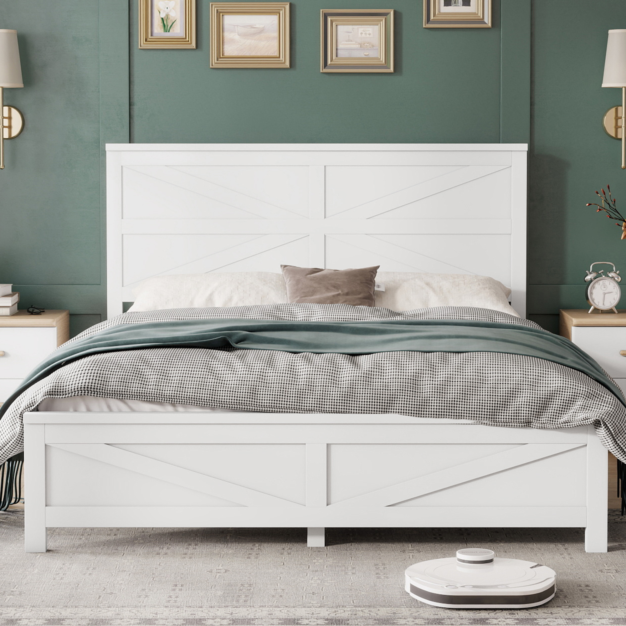 Farmhouse Style Queen Size Bed with Barn Door Designed Headboard and Footboard