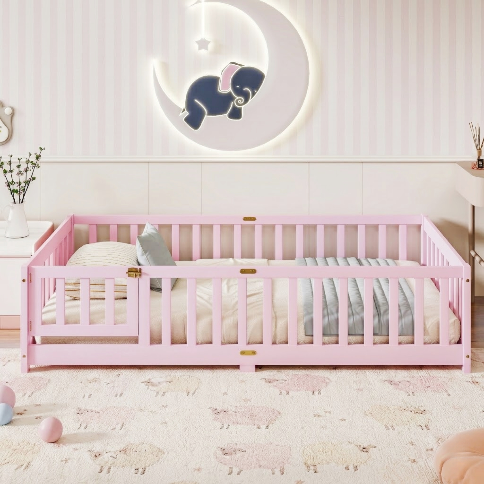 Twin Size Floor Bed with Fence with Door