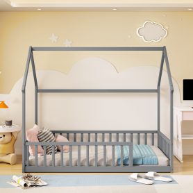 Twin Size House Floor Bed With Roof Frame and Safety Guardrails