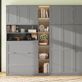 Twin Size Murphy Cabinet Bed With Wardrobe & Storage Shelves, 5-Tier LED Display Shelves, Overhead Cabinets