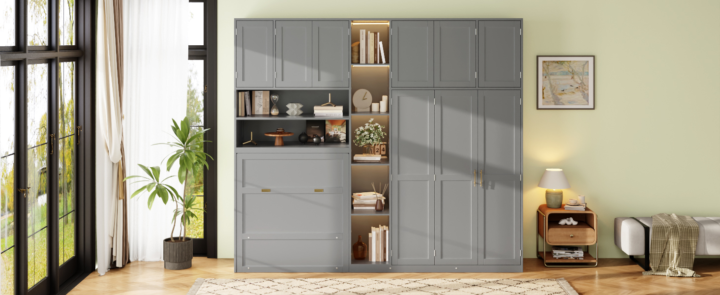 Twin Size Murphy Cabinet Bed With Wardrobe & Storage Shelves, 5-Tier LED Display Shelves, Overhead Cabinets