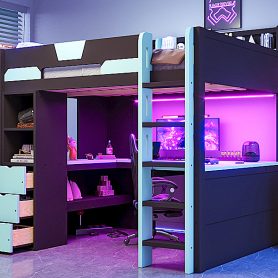Full Size Wooden Gaming Loft Bed with U-Shaped Desk, Smart RGB LED Lights and USB Ports