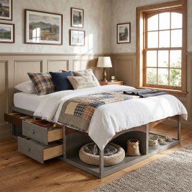 King Bed Frame With Storage Drawers, No Headboard Platform Bed