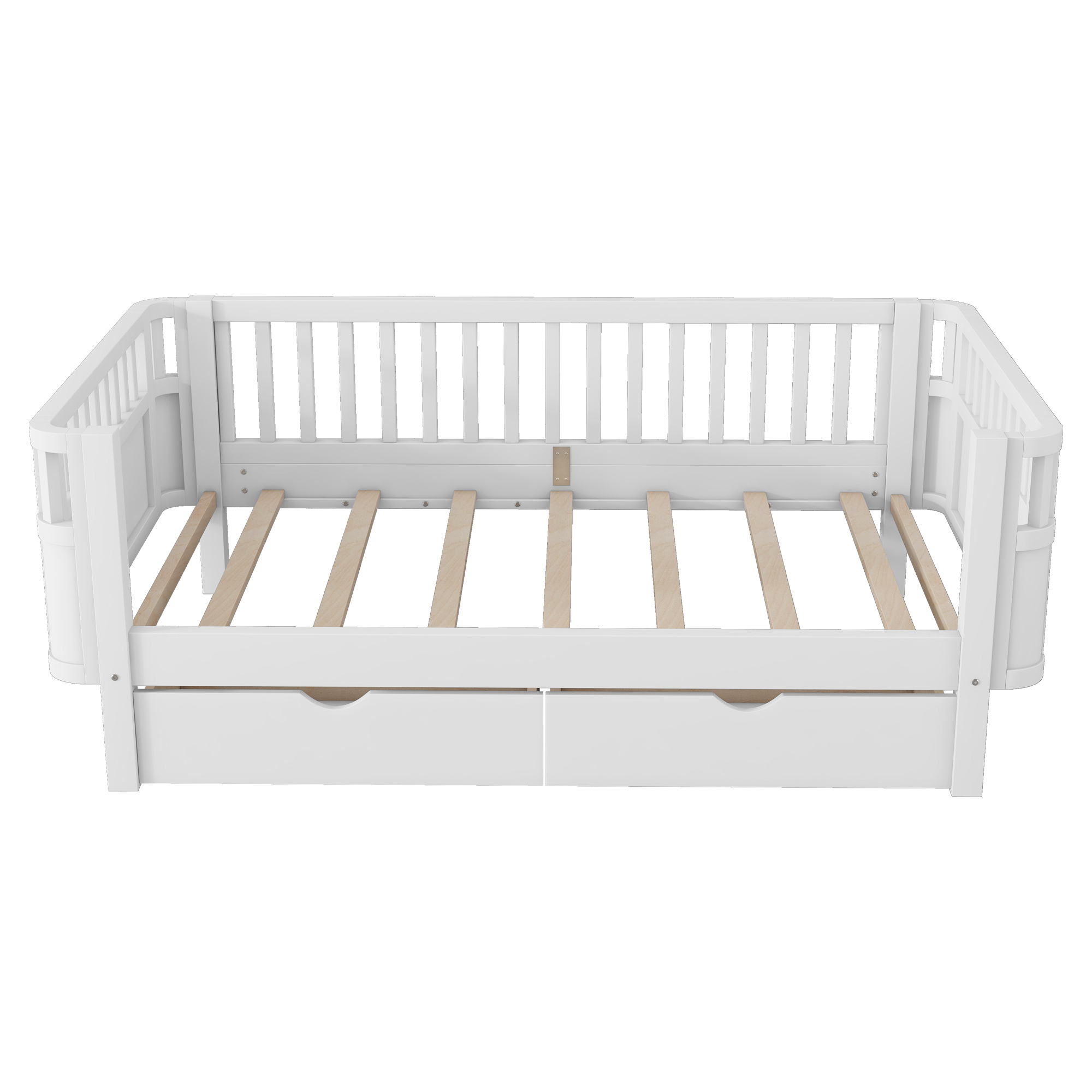 Wood Low Profile Twin Bed with Rails and Drawers