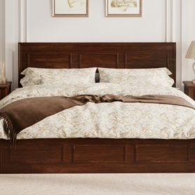Pine Wood Queen Size Bed with Adjustable Height Headboard