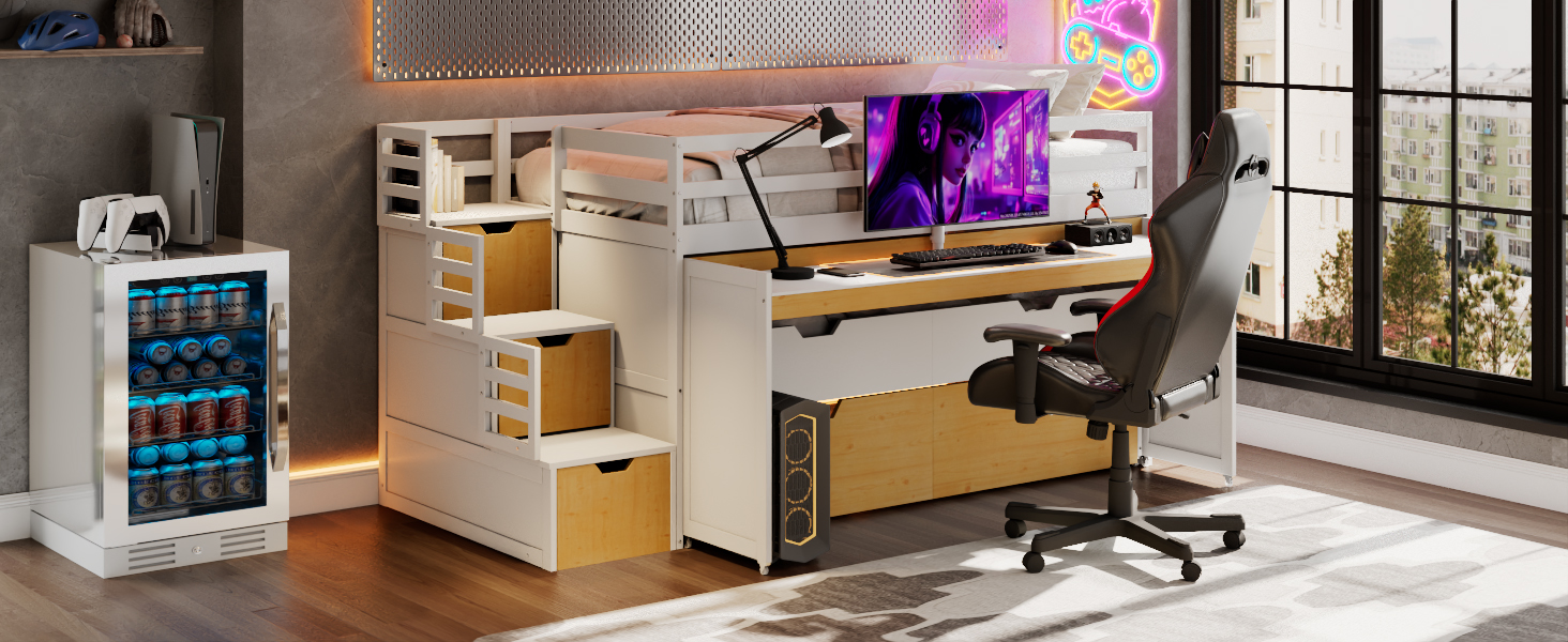 Twin XL Loft Bed with Pull-Out Desk and Twin Trundle