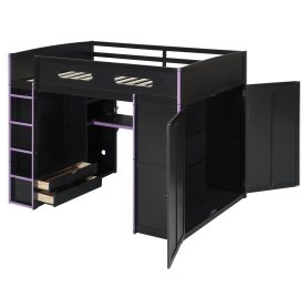 Wood Full Size Loft Bed with Desk, Multi-Storage Shelves and RGB Light