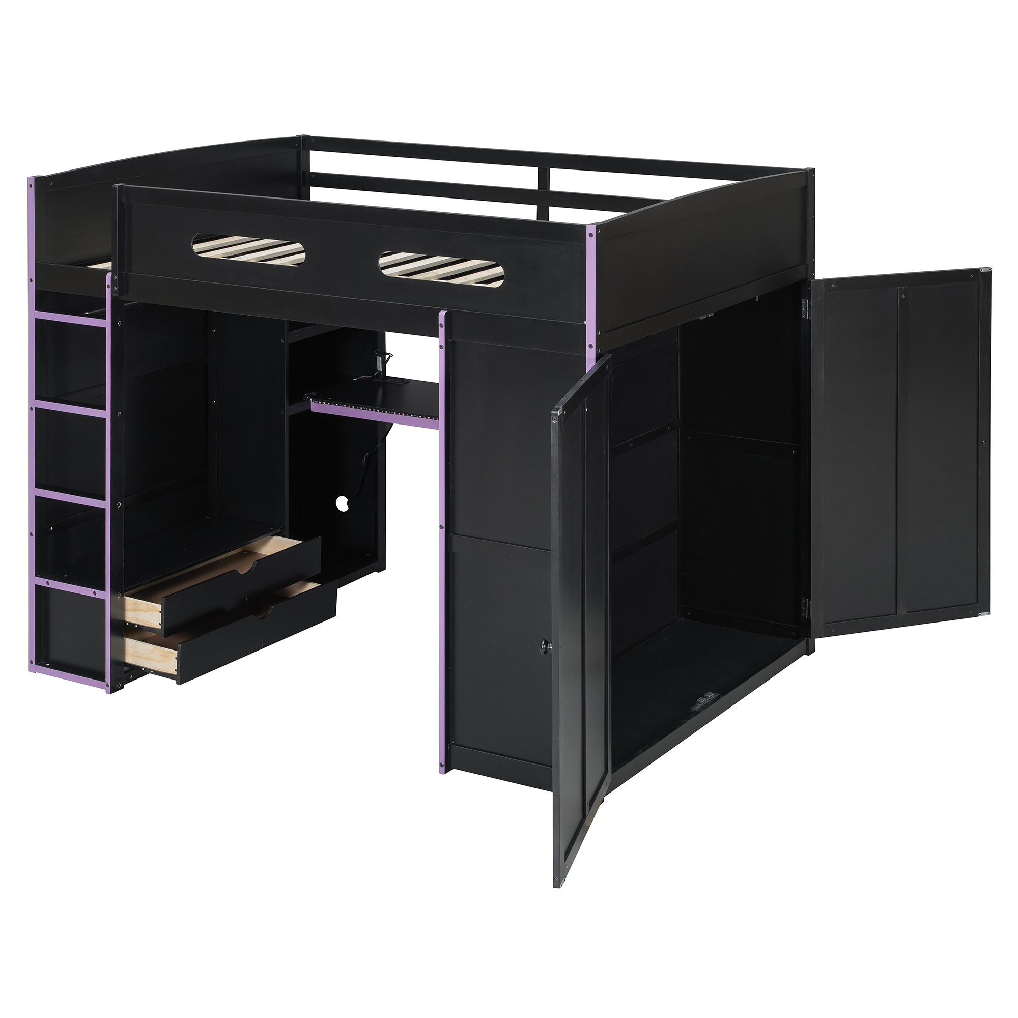 Wood Full Size Loft Bed with Desk, Multi-Storage Shelves and RGB Light