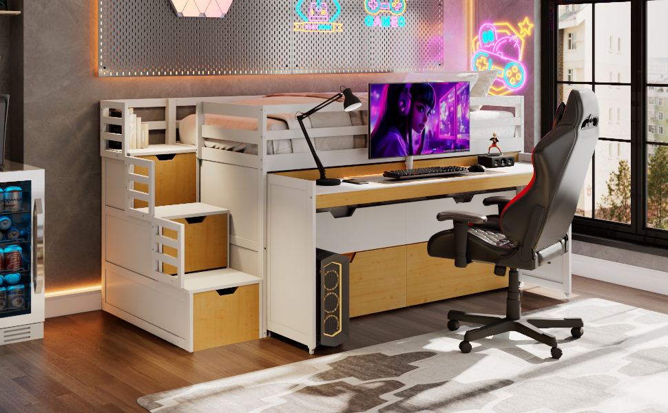 Twin XL Loft Bed with Pull-Out Desk and Twin Trundle