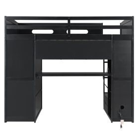 Wood Full Size Loft Bed with Desk, Multi-Storage Shelves and RGB Light