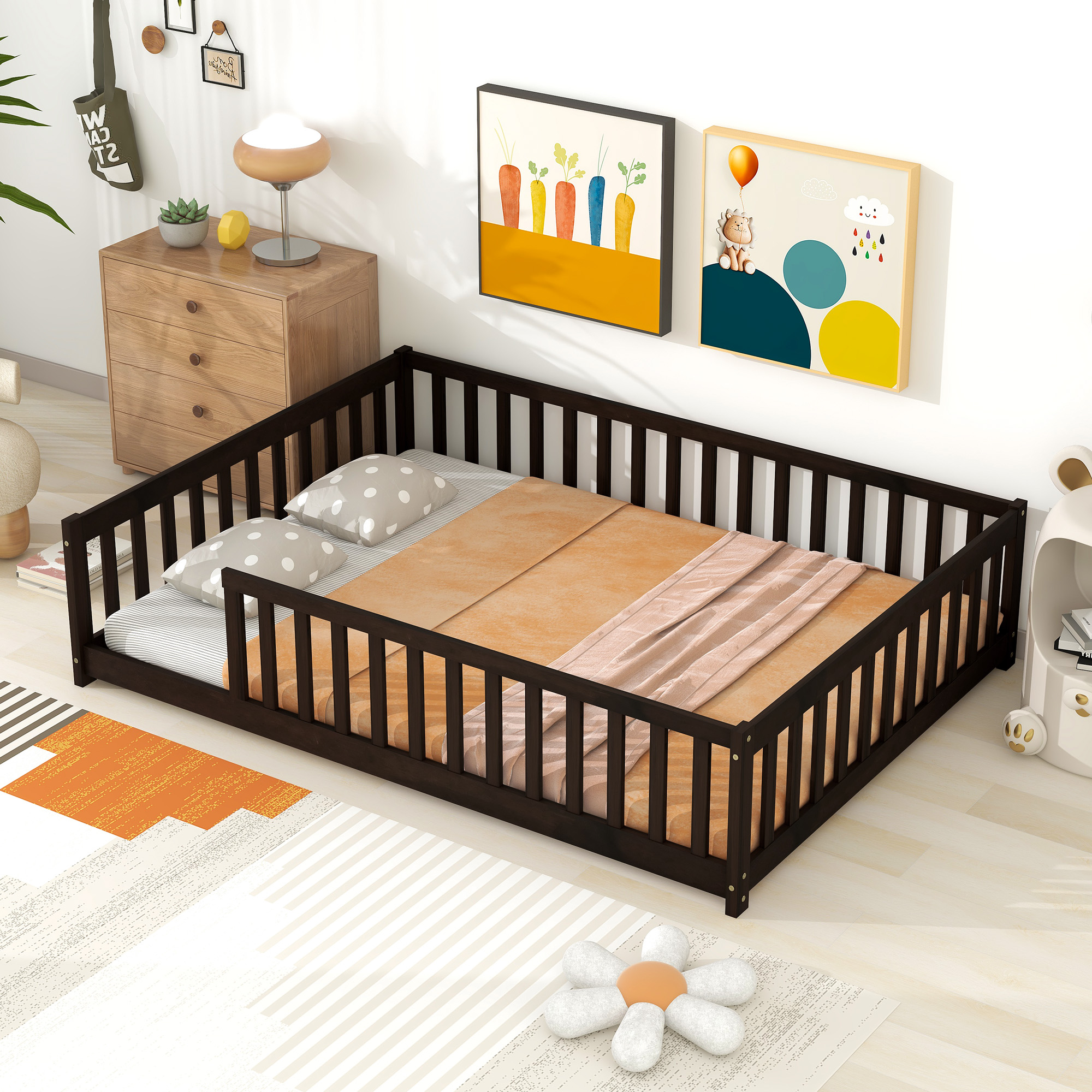 Rubber Wood Full Size Floor Bed with Fence without Door
