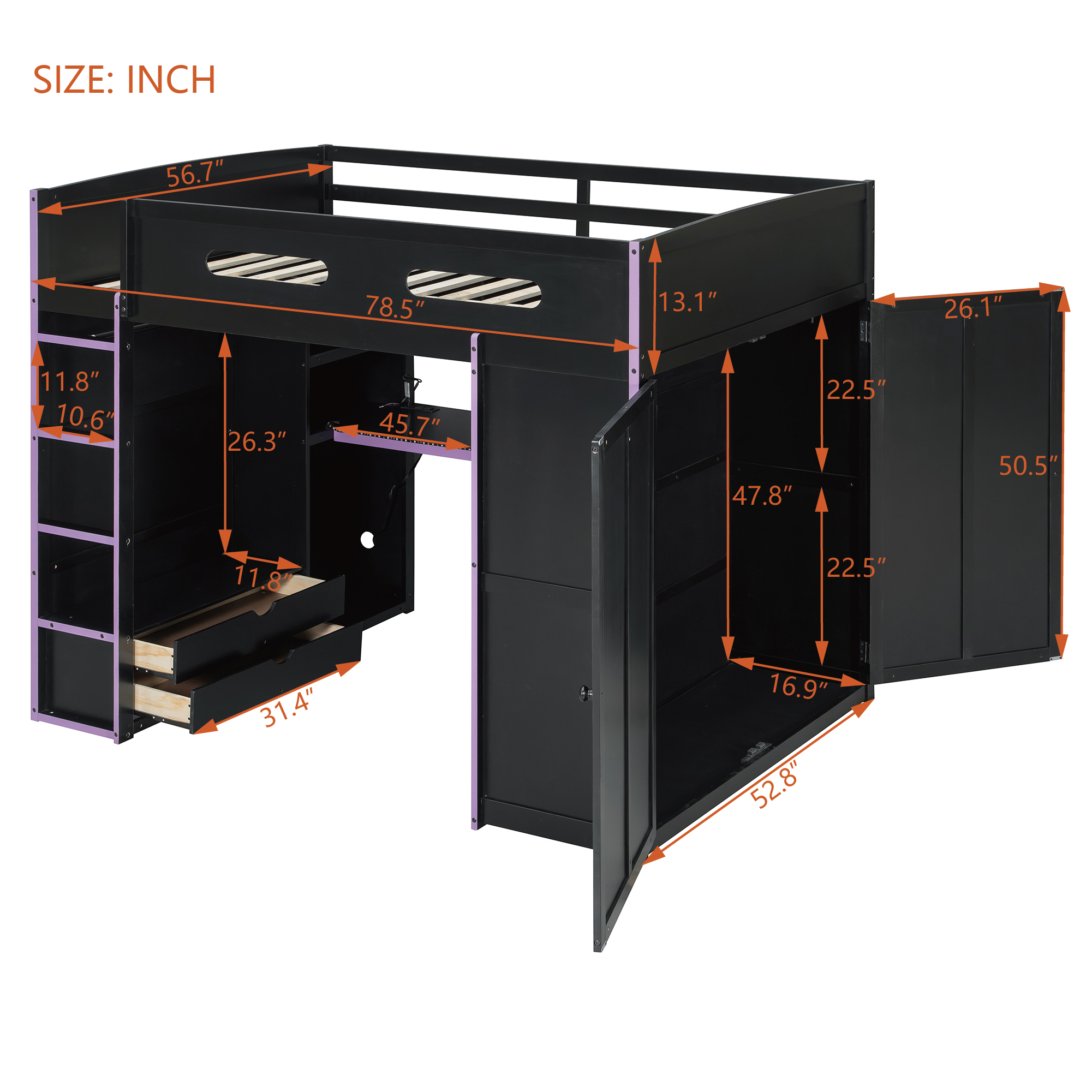 Wood Full Size Loft Bed with Desk, Multi-Storage Shelves and RGB Light