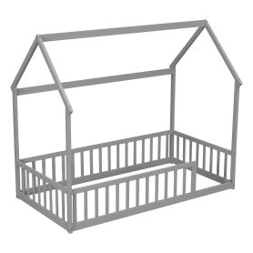 Twin Size House Floor Bed With Roof Frame and Safety Guardrails