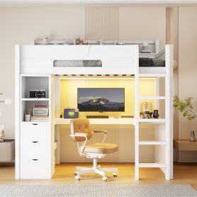 Twin Size Wooden Gaming Loft Bed with U-Shaped Desk, Smart RGB LED Lights and USB Ports
