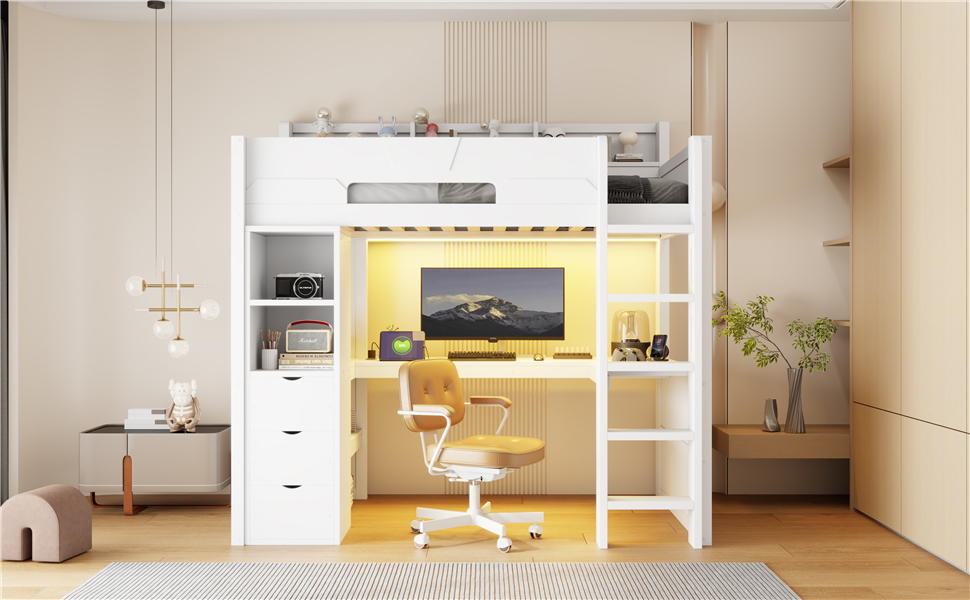 Twin Size Wooden Gaming Loft Bed with U-Shaped Desk, Smart RGB LED Lights and USB Ports