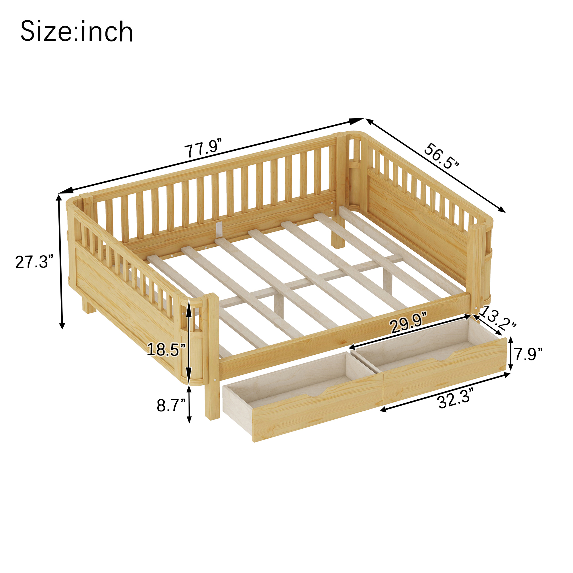 Wood Low Profile Full Bed with Rails and Drawers