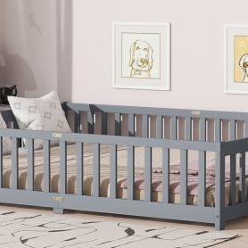Rubber Wood Queen Size Floor Bed with Fence without Door