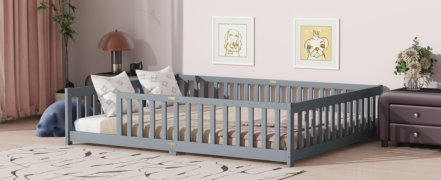 Rubber Wood Queen Size Floor Bed with Fence without Door