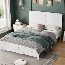 Farmhouse Style Queen Size Bed with Barn Door Designed Headboard and Footboard