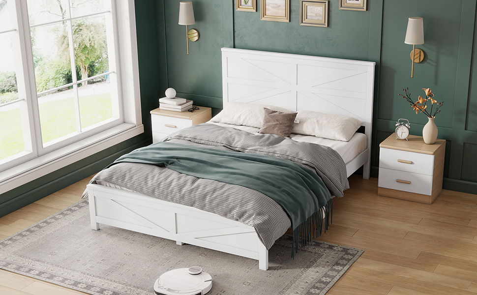 Farmhouse Style Queen Size Bed with Barn Door Designed Headboard and Footboard