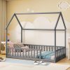 Twin Size House Floor Bed With Roof Frame and Safety Guardrails