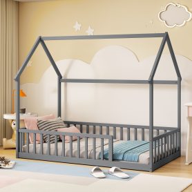 Twin Size House Floor Bed With Roof Frame and Safety Guardrails
