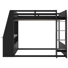 Full Size Wooden Gaming Bunk Bed with Desk,Two Storage Shelves,USB and LED Light