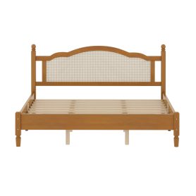 King Size Wooden Platform Bed with Natural Rattan Headboard
