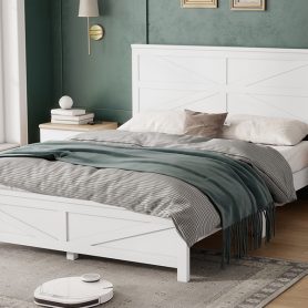 Farmhouse Style Queen Size Bed with Barn Door Designed Headboard and Footboard