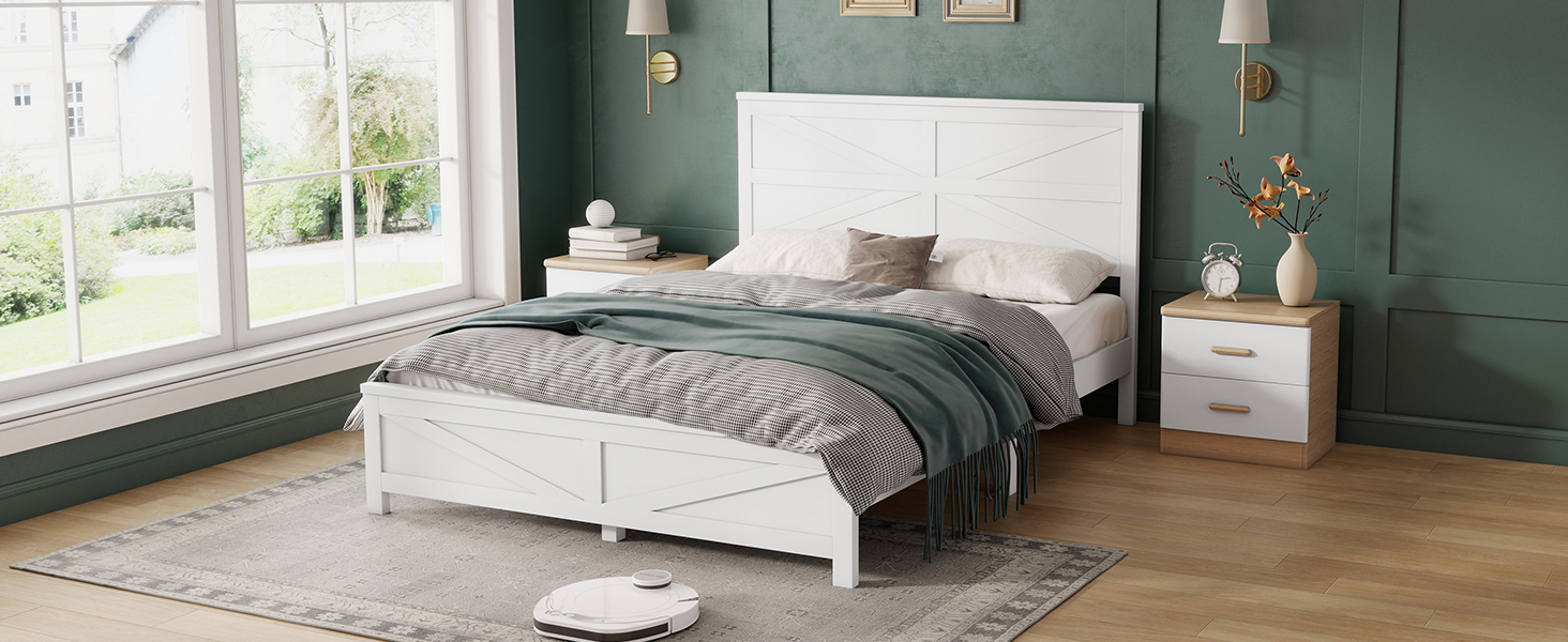 Farmhouse Style Queen Size Bed with Barn Door Designed Headboard and Footboard