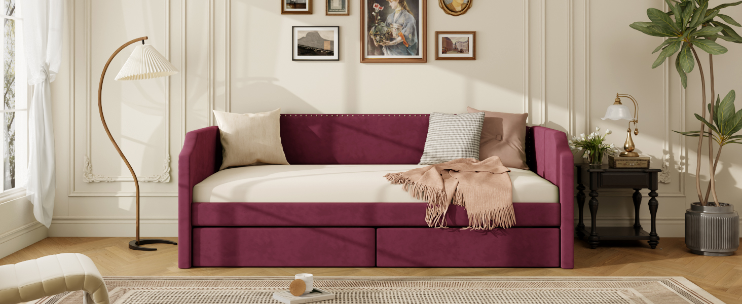 Twin Size Velvet Upholstered Daybed with 2 Drawers
