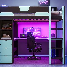 Full Size Wooden Gaming Loft Bed with U-Shaped Desk, Smart RGB LED Lights and USB Ports