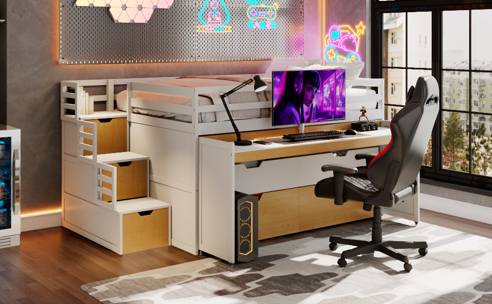 Full XL Loft Bed with Pull-Out Desk and Twin Trundle