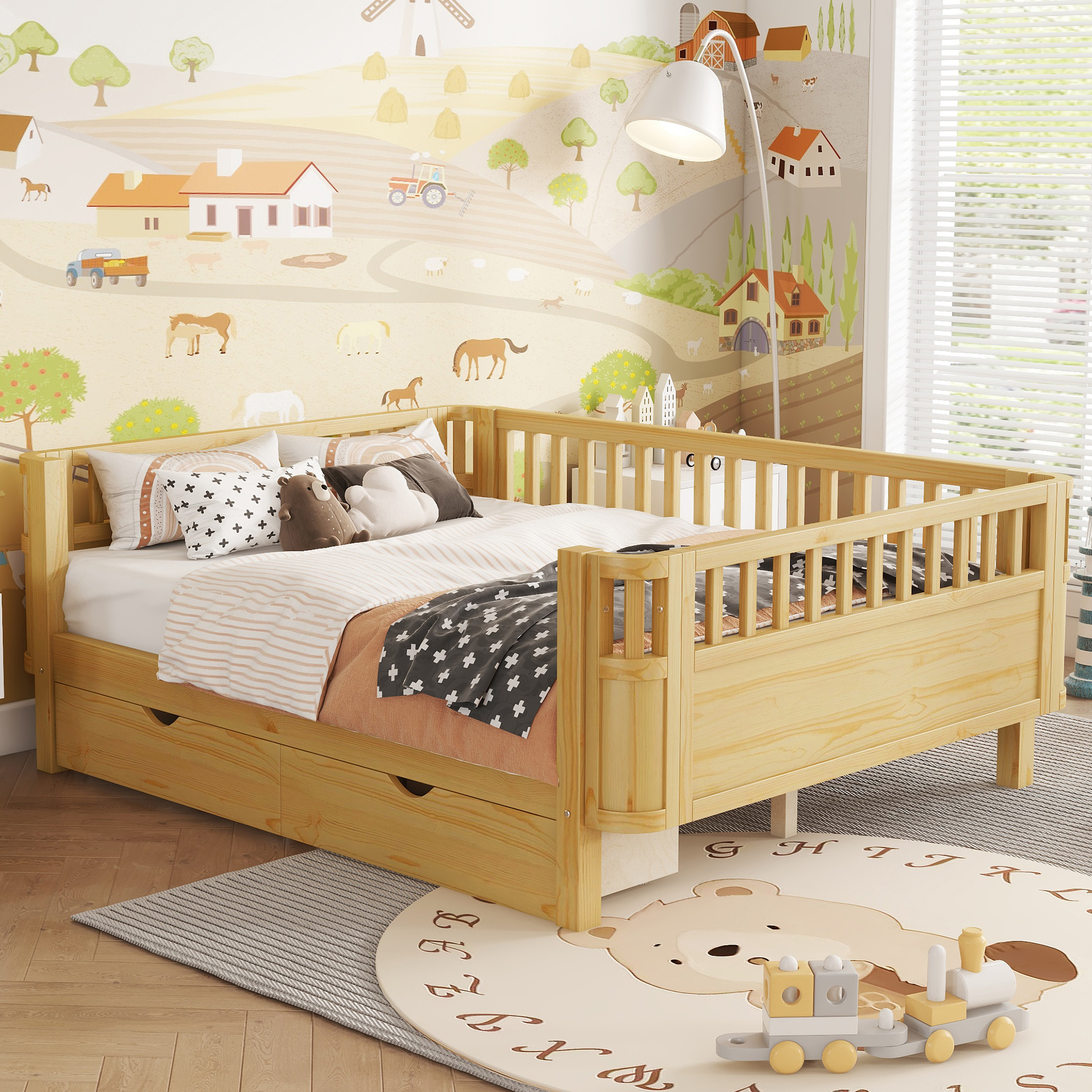 Wood Low Profile Full Bed with Rails and Drawers