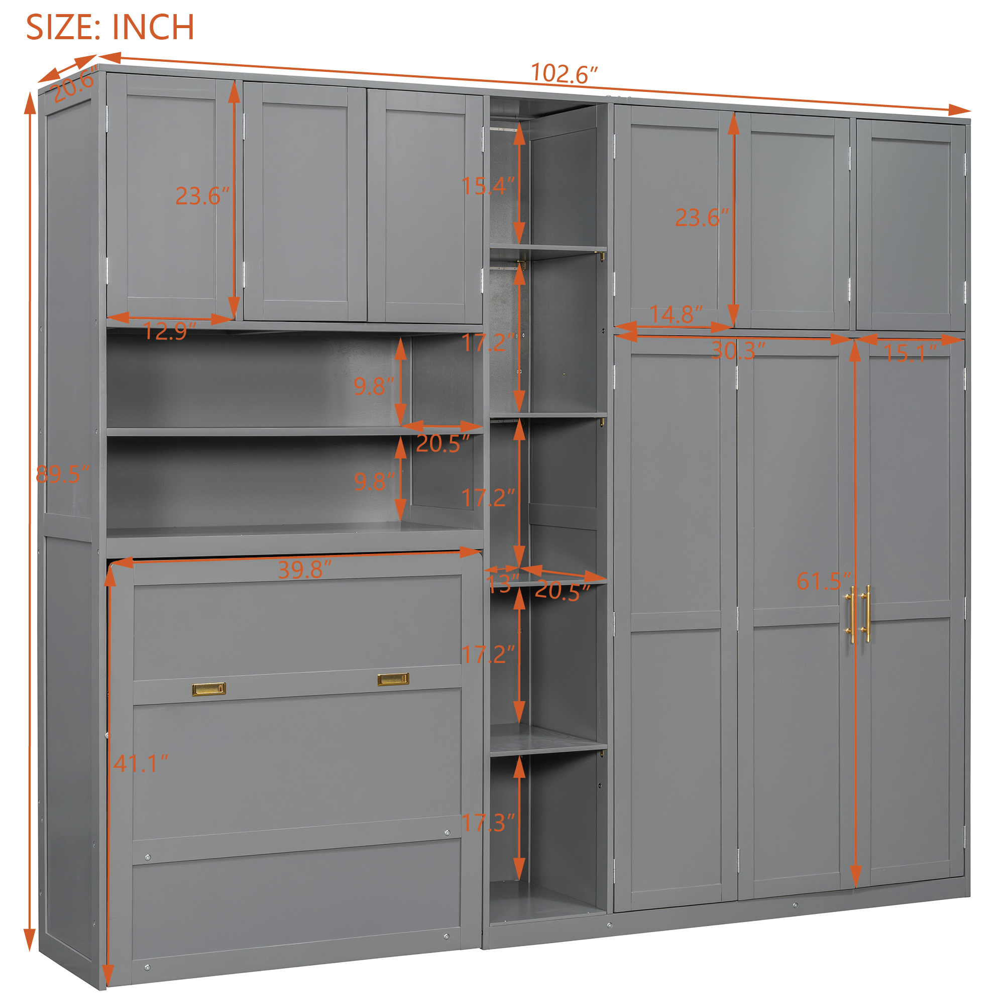 Twin Size Murphy Cabinet Bed With Wardrobe & Storage Shelves, 5-Tier LED Display Shelves, Overhead Cabinets