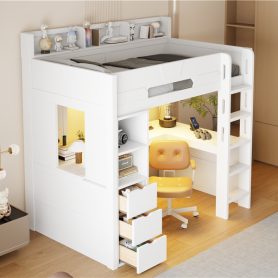 Twin Size Wooden Gaming Loft Bed with U-Shaped Desk, Smart RGB LED Lights and USB Ports