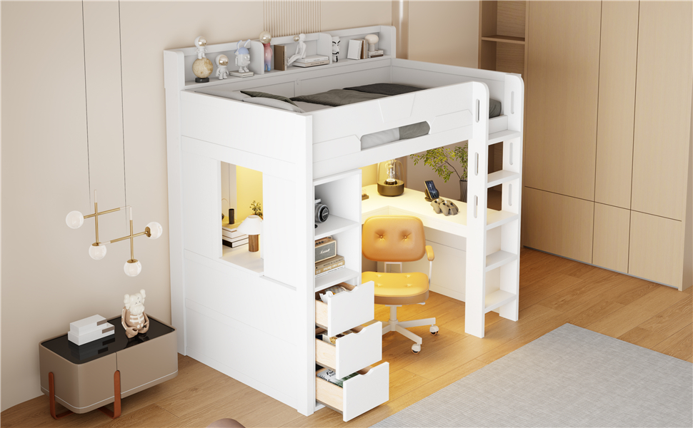 Twin Size Wooden Gaming Loft Bed with U-Shaped Desk, Smart RGB LED Lights and USB Ports