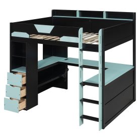 Full Size Wooden Gaming Loft Bed with U-Shaped Desk, Smart RGB LED Lights and USB Ports