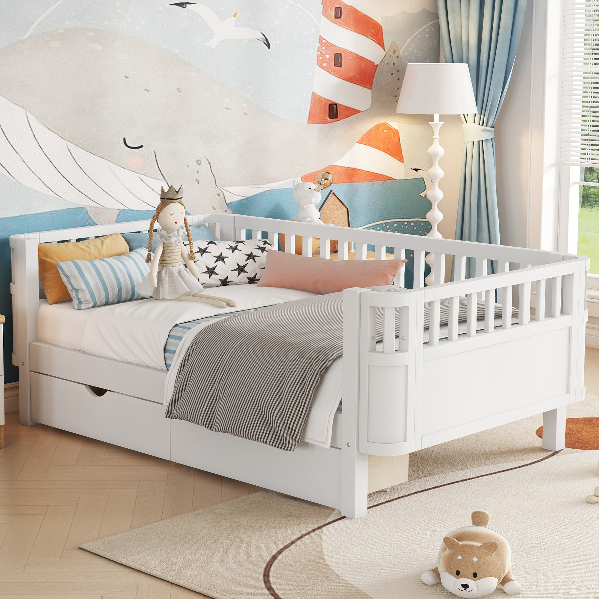 Wood Low Profile Twin Bed with Rails and Drawers