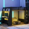 Full Size Wooden Gaming Bunk Bed with Desk,Two Storage Shelves,USB and LED Light