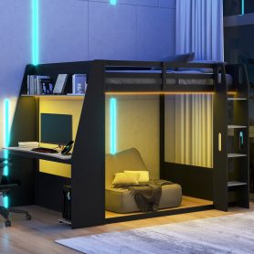 Full Size Wooden Gaming Bunk Bed with Desk,Two Storage Shelves,USB and LED Light