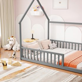 Full Size House Floor Bed With Roof Frame and Safety Guardrails