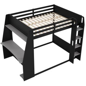 Full Size Wooden Gaming Bunk Bed with Desk,Two Storage Shelves,USB and LED Light